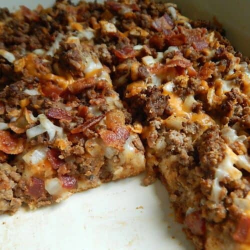 Bacon Cheeseburger Casserole with piece removed