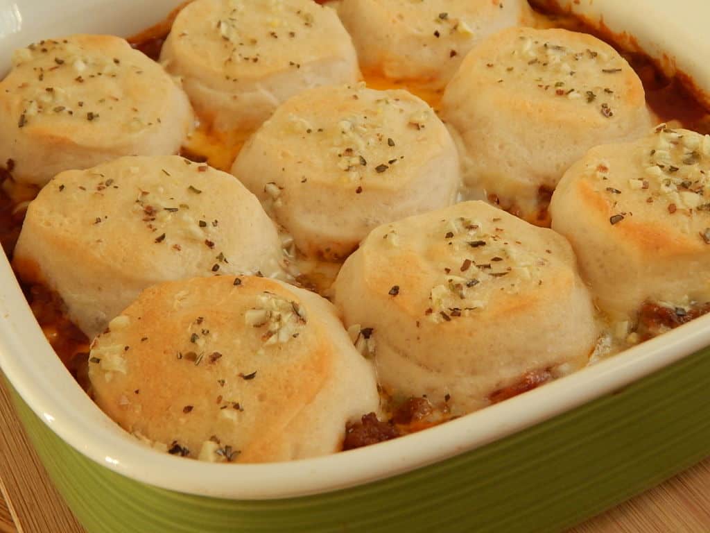 sloppy joe casserole in white pan