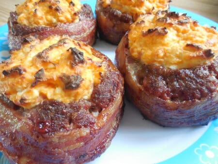 Buffalo chicken stuffed bacon wrapped beef burgers - Drizzle Me Skinny!