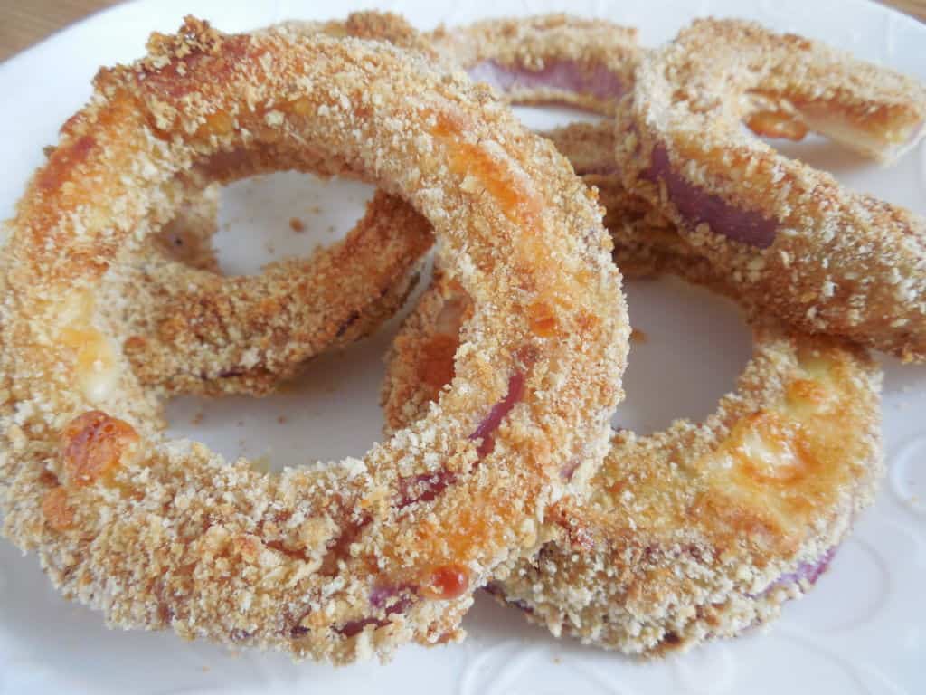 WW baked onion cheese rings on white plate