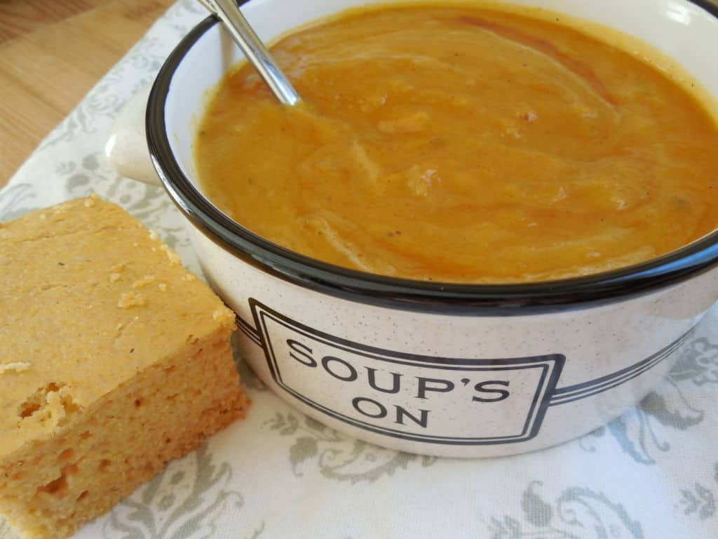 Bowl of crock pot butternut squash pumpkin soup