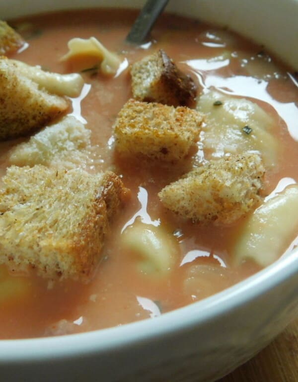 bowl of creamy tomato tortellini soup