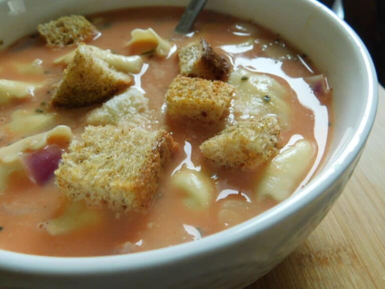 bowl of creamy tomato tortellini soup