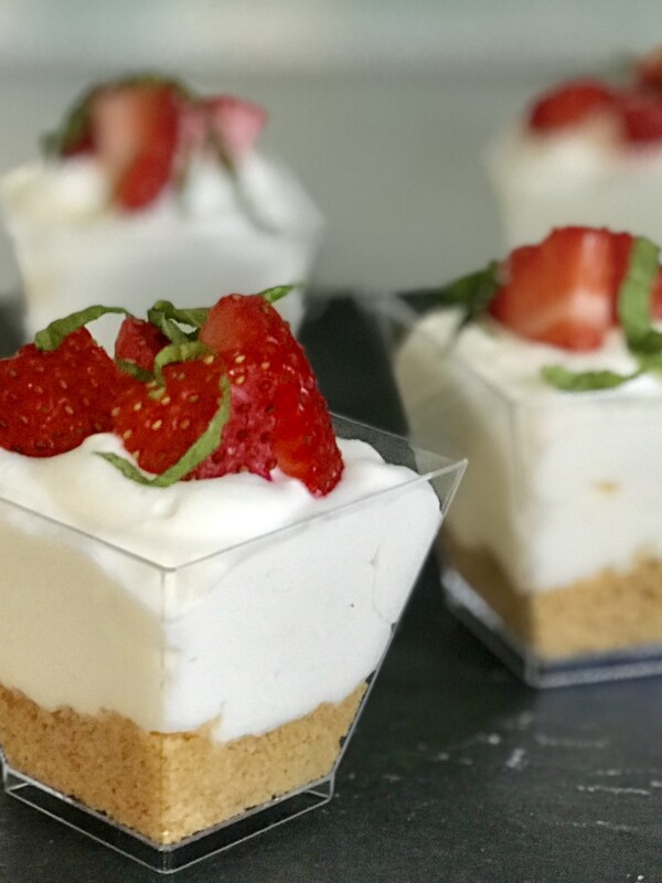 weight watchers strawberry cheesecake in small dessert shot glass