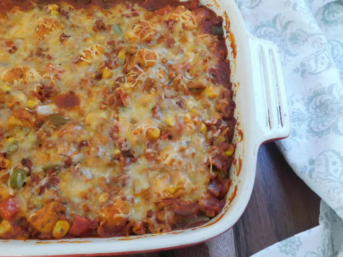 chicken chili bubble up in white casserole dish