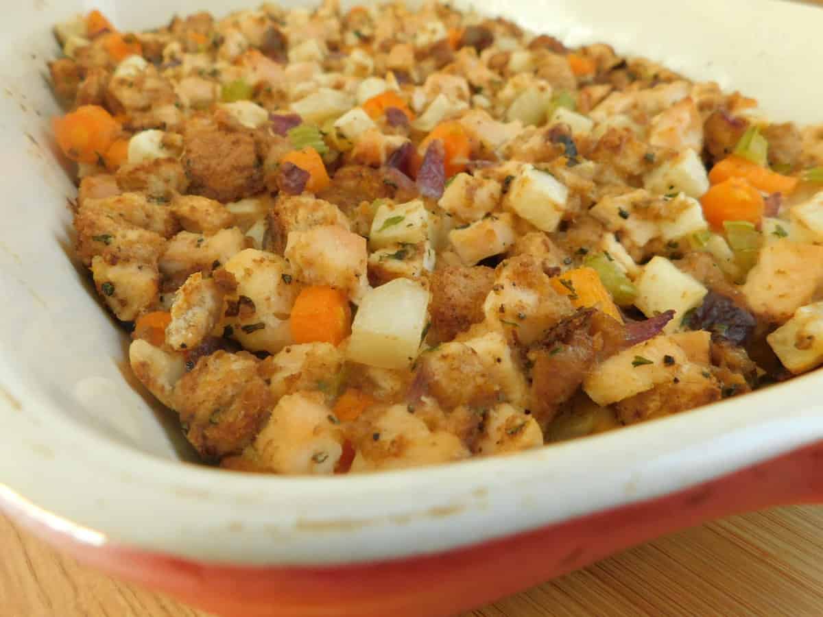 Turkey Casserole in red baking dish