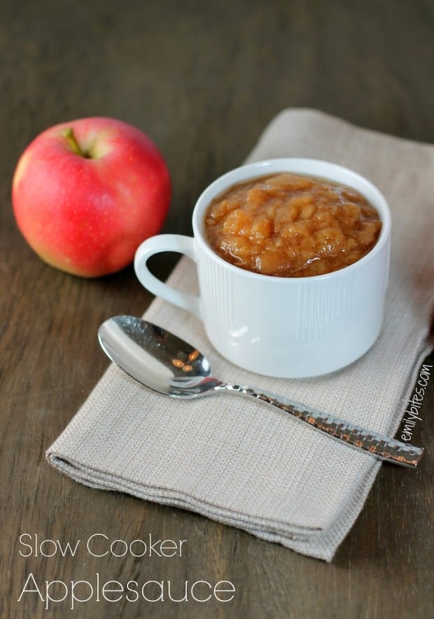 apple sauce in a cup next to a spoon and an apple. 