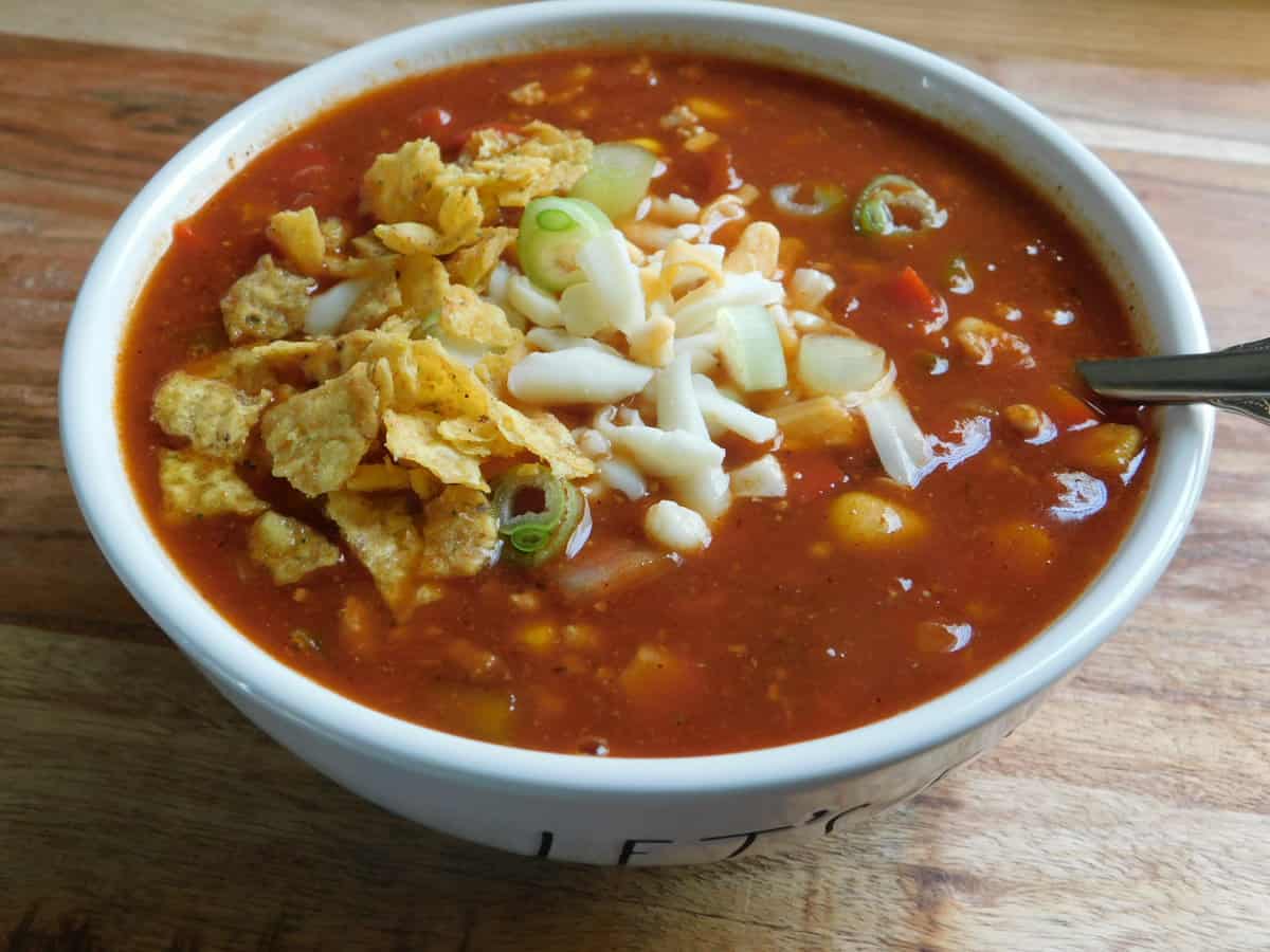 Bowl of slow cooker chicken taco soup