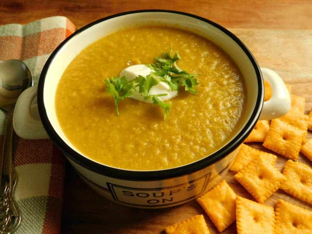 bowl of golden chickpea and cauliflower soup