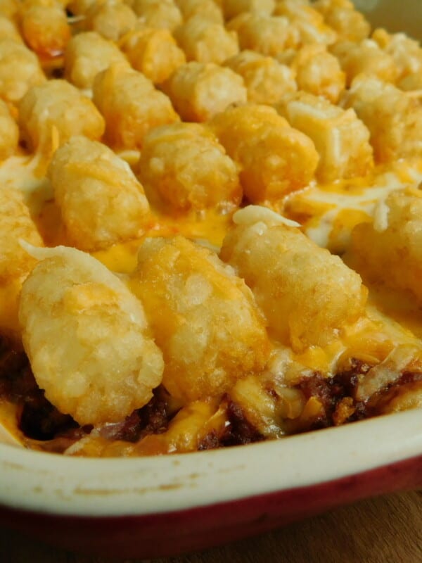 weight watchers friendly tater tot casserole in red dish