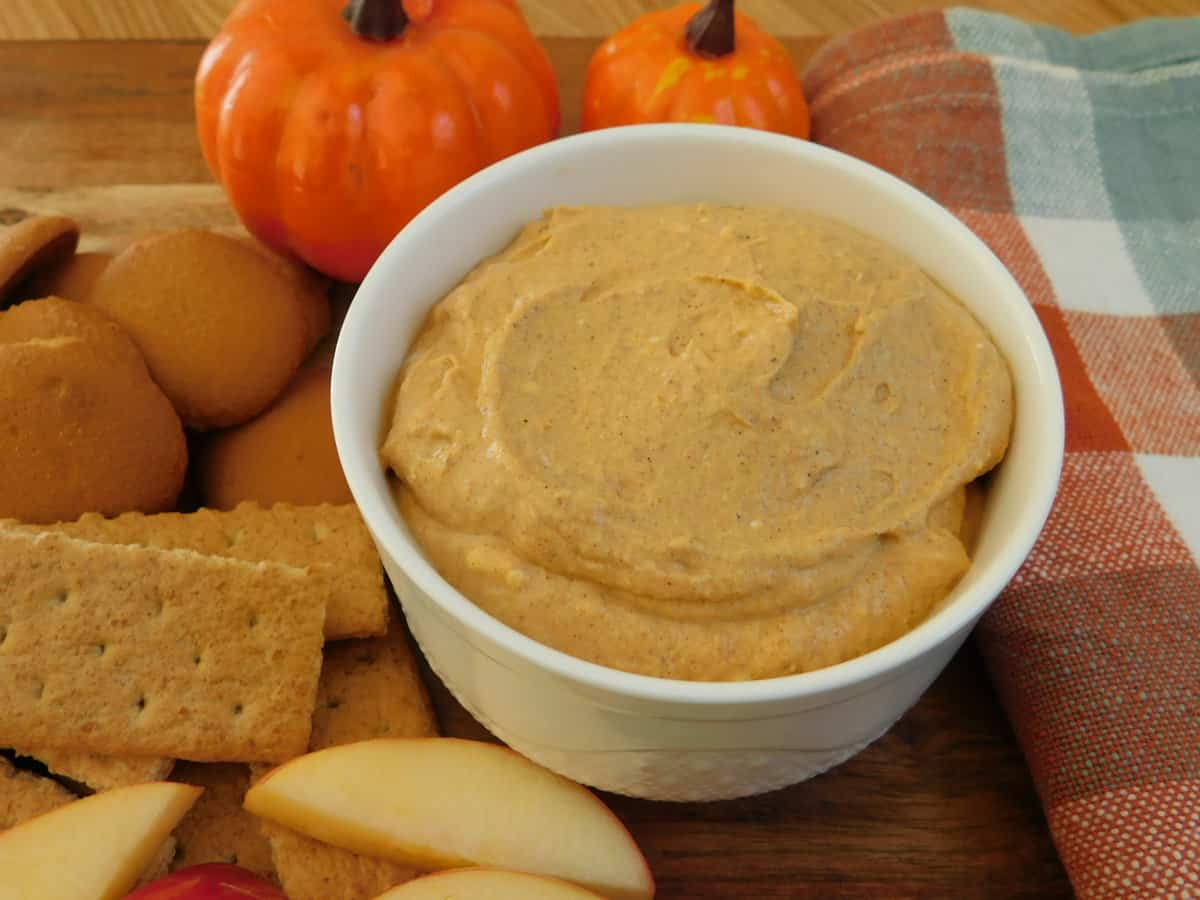 Cream Cheese Pumpkin Dip in white serving bowl