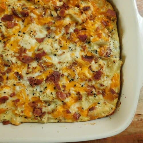 everything but the bagel casserole in white dish