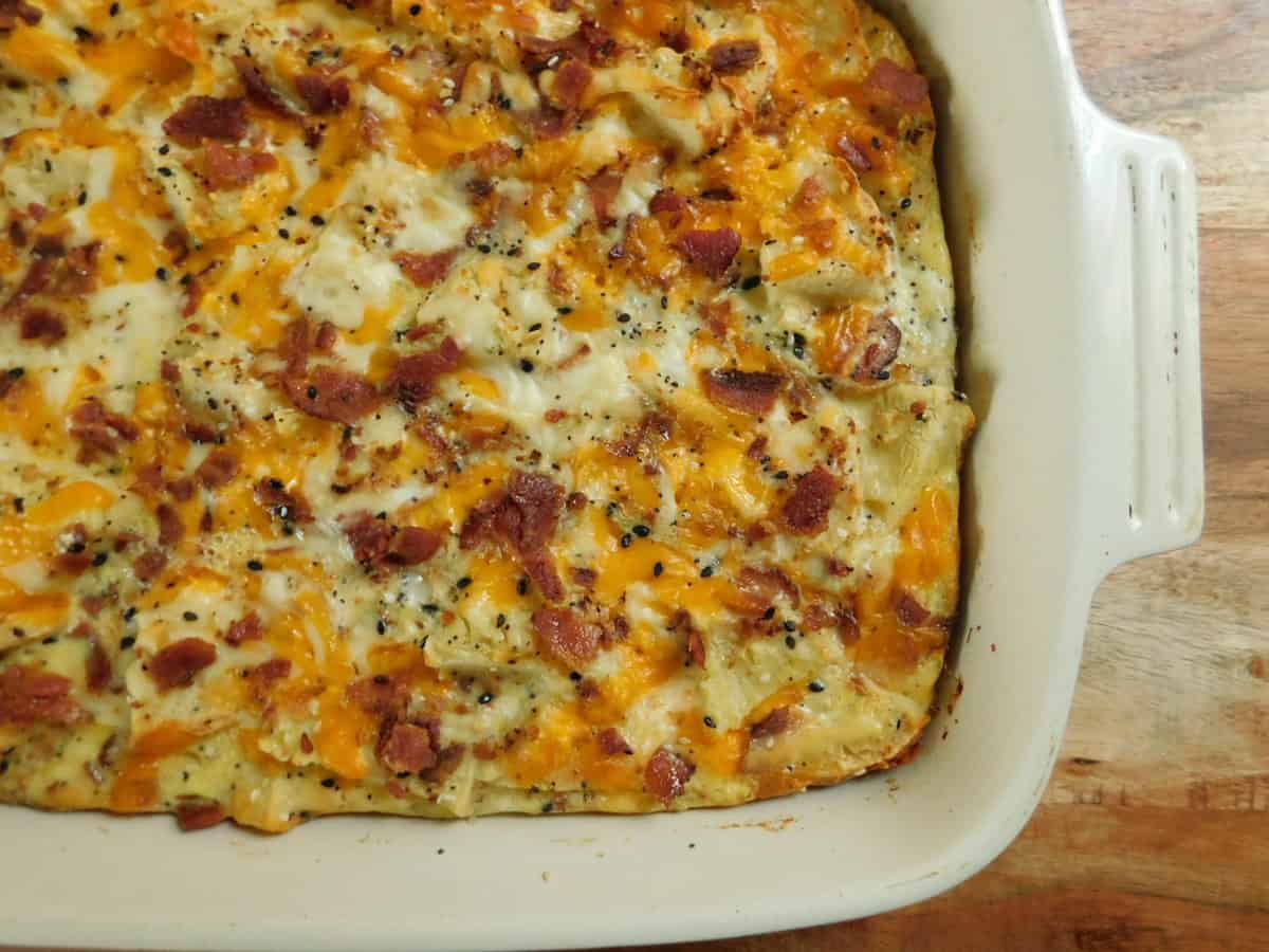 everything but the bagel casserole in white dish