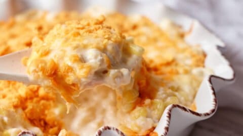 corn casserole with cream cheese and ritz cracker topping