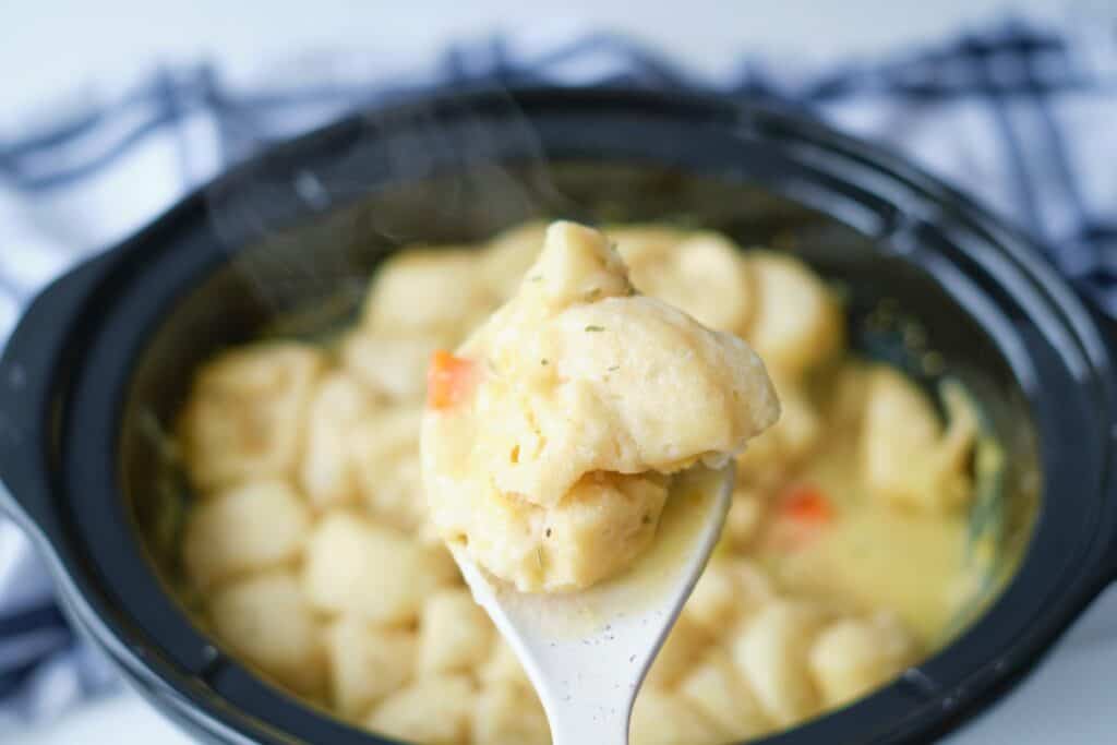 spoonful of slow cooker chicken and dumplings