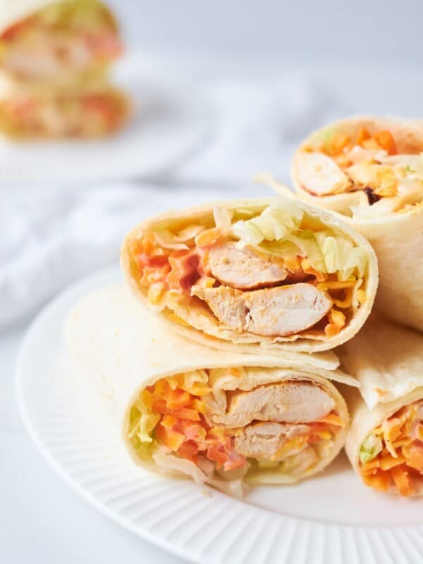 buffalo chicken ranch wraps on white plate