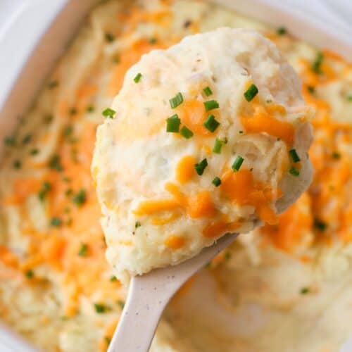Cheese Garlic Potatoes on white spoon