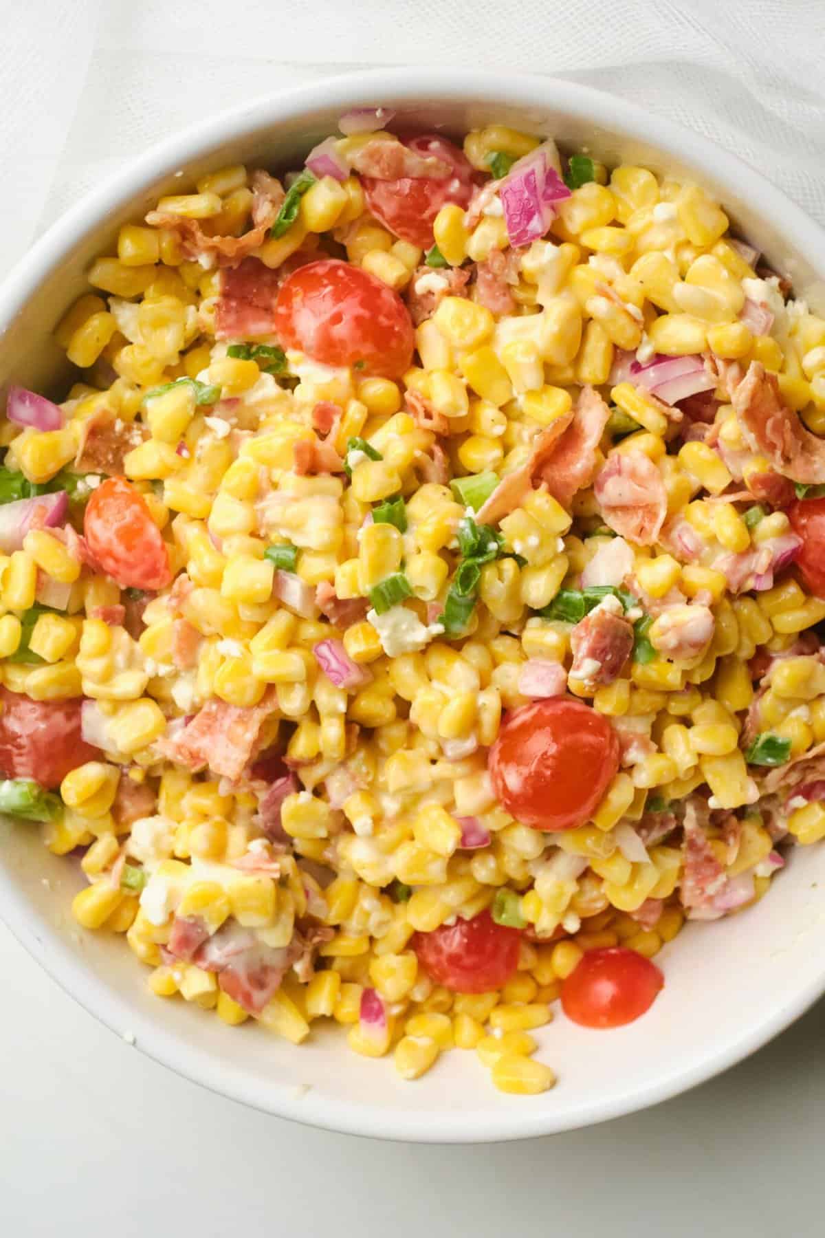 sweet corn salad in white bowl 