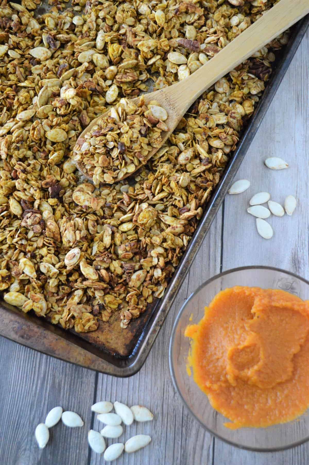 pumpkin spice granola preparing to be baked