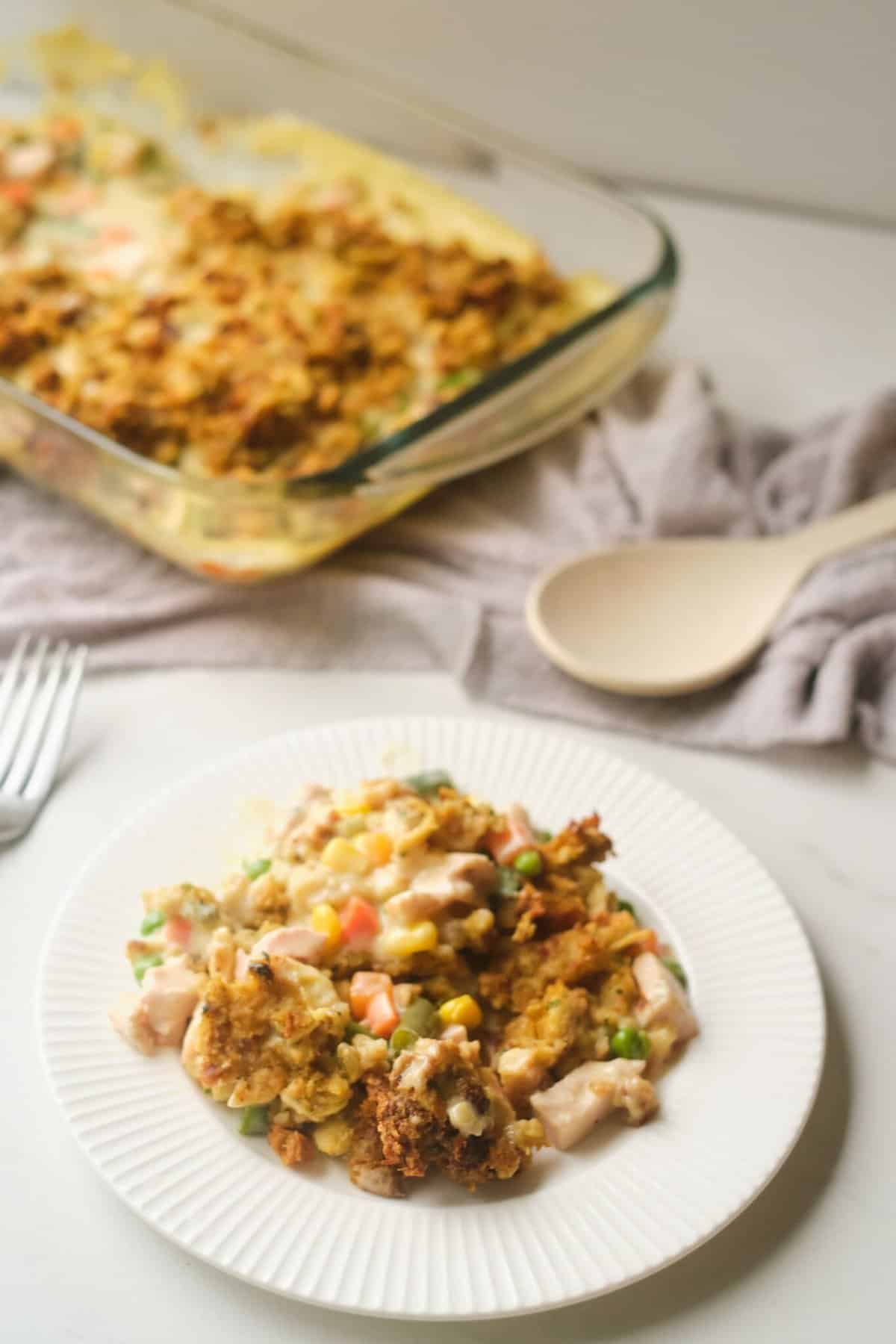 Chicken stuffed casserole on white plate