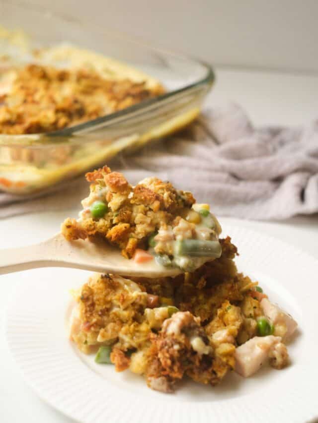 Chicken stuffing casserole on white plate