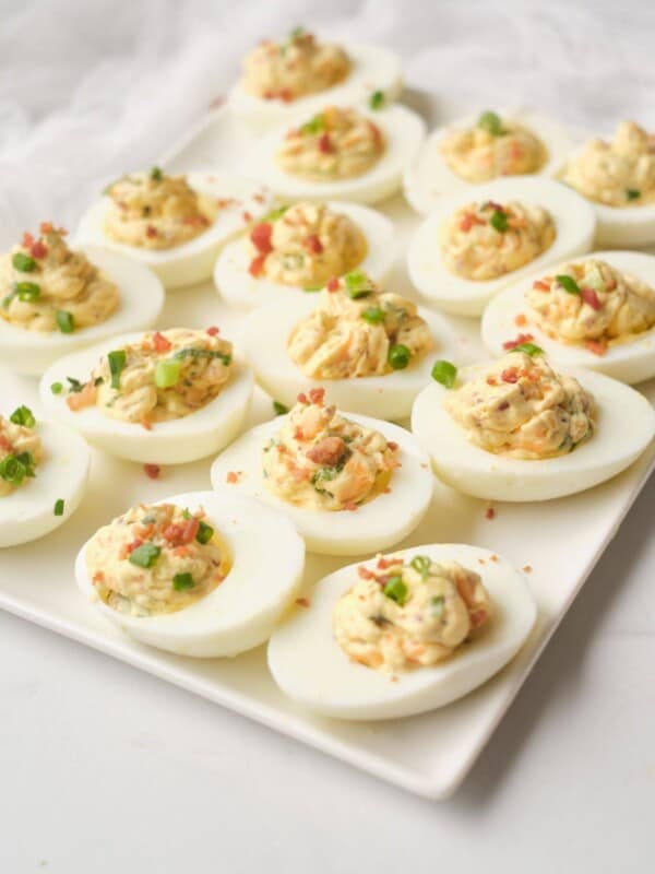 weight watchers deviled eggs on white plate