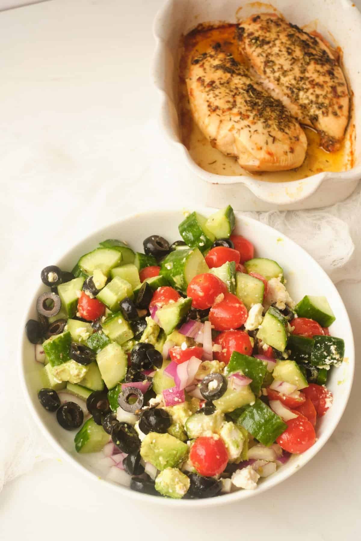 greek salad in white bowl