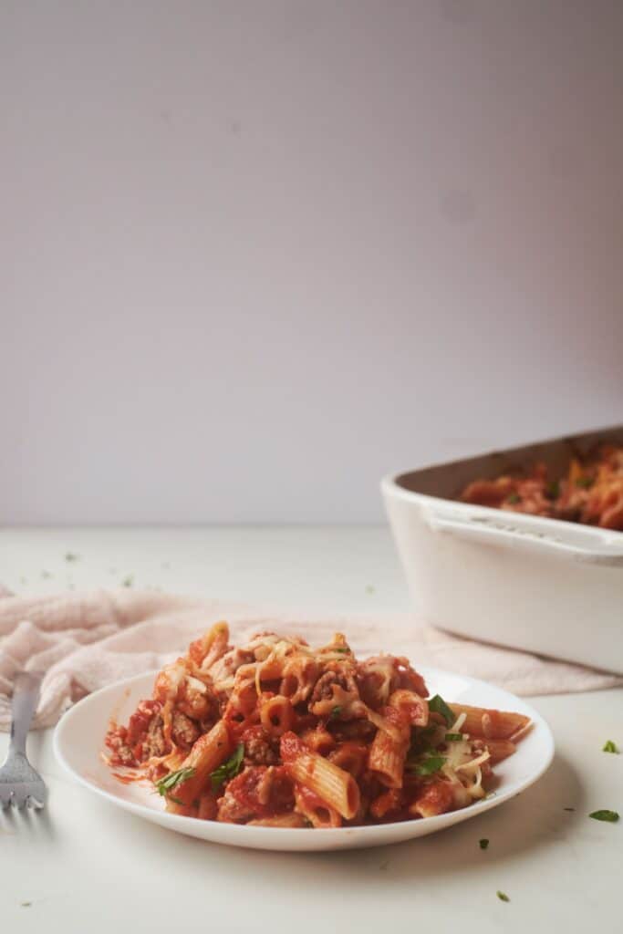 Finished penne pasta with ground turkey plated and ready to eat. 