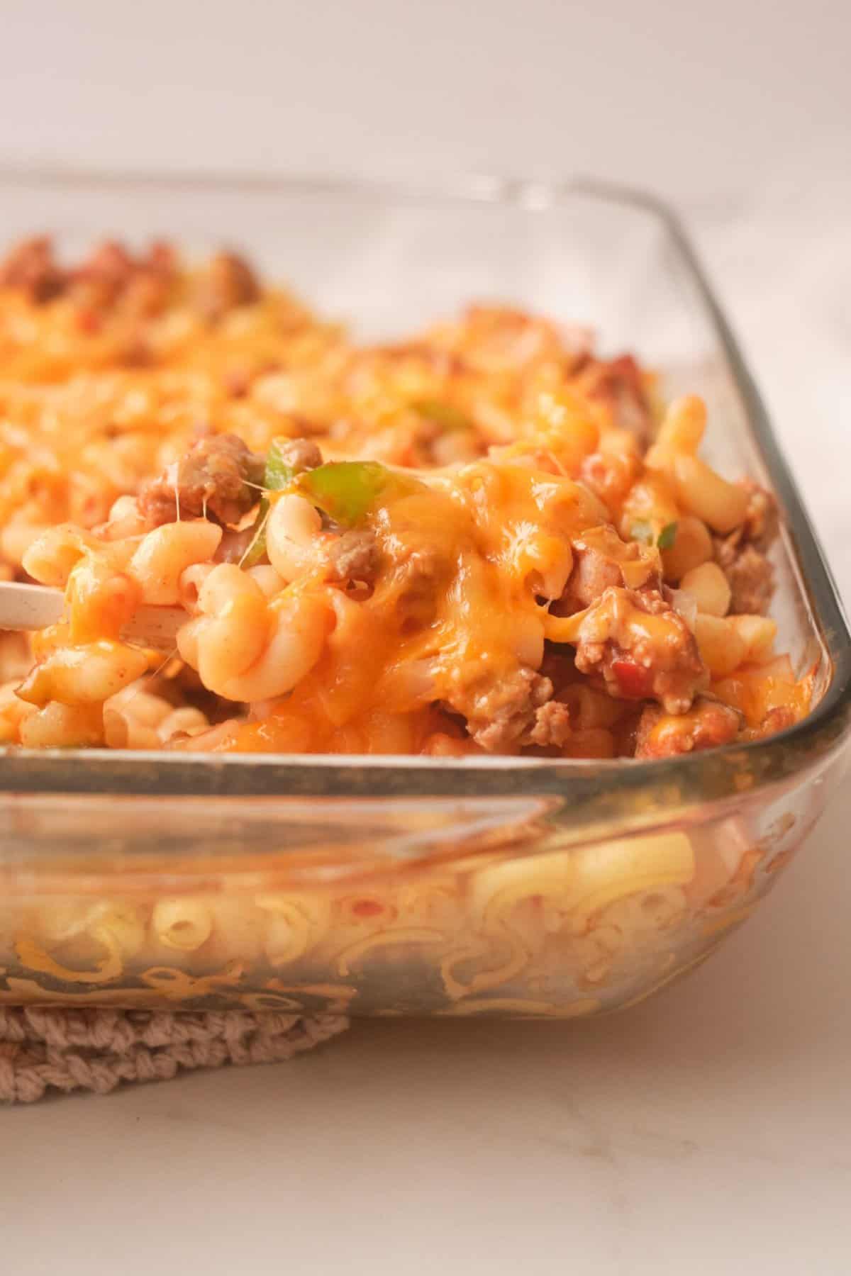 Sloppy Joe Pasta Bake in pyrex dish