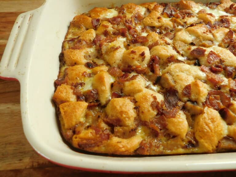 sausage and bacon maple biscuit bake in casserole dish