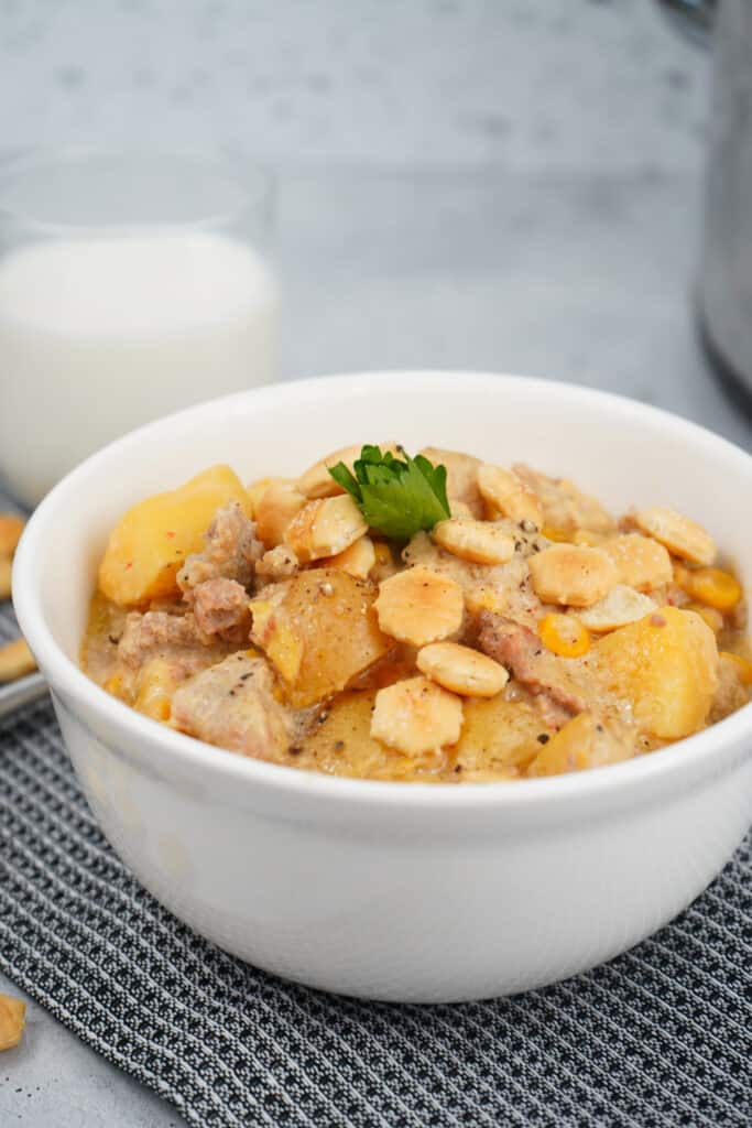 bowl of turkey and potato and corn soup