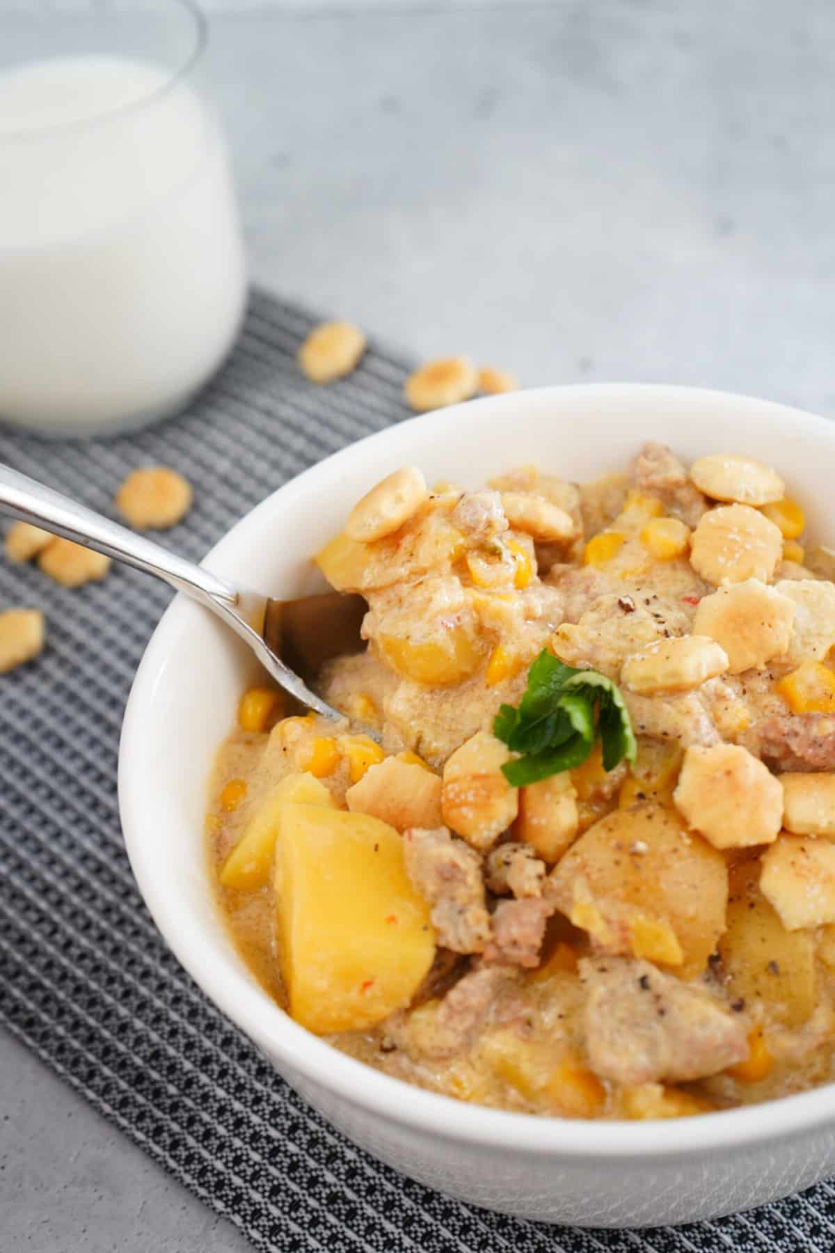 Bowl of weight watchers friendly turkey potato soup.