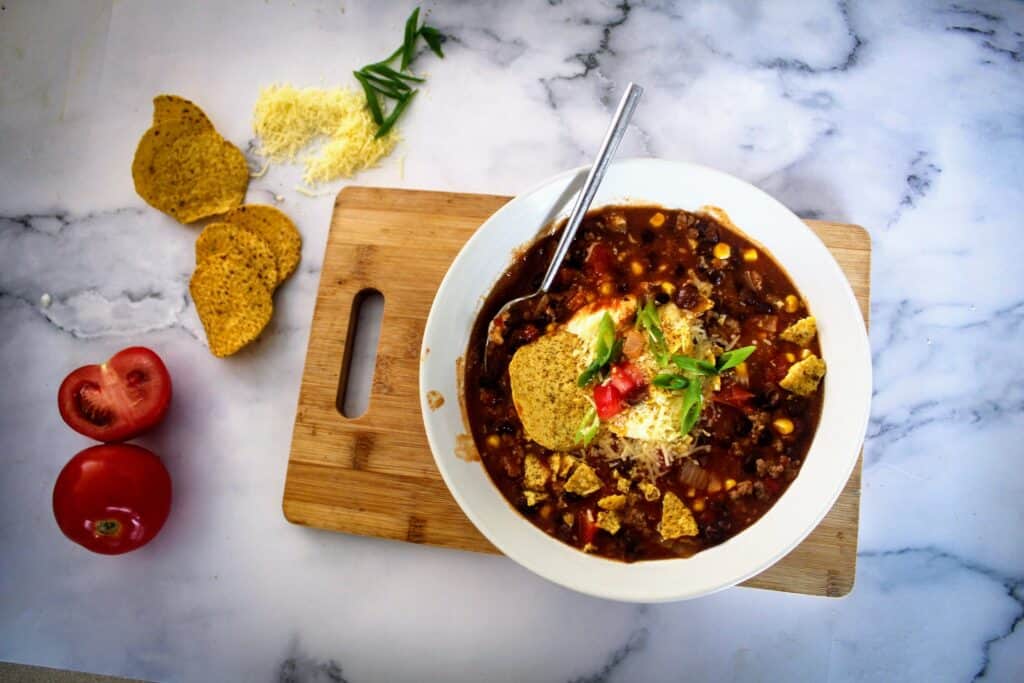 Bowl of taco soup ready to be served. 