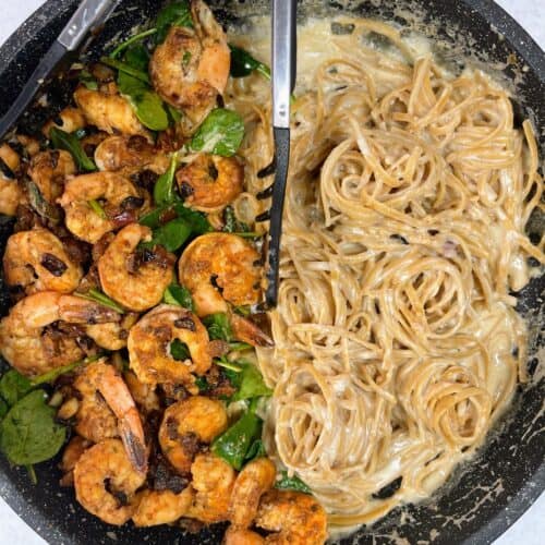 Weight watchers shrimp alfredo finishing in non-stick pan