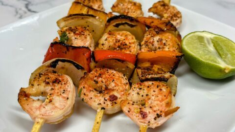 grilled shrimp and veggies on skewers