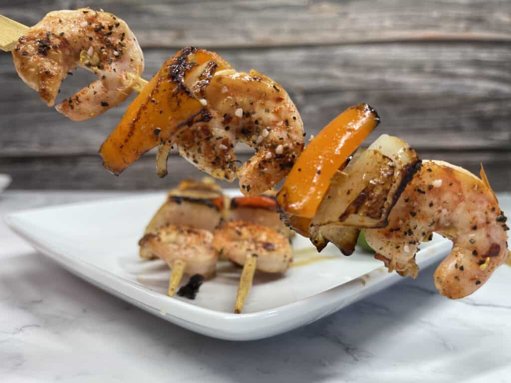 grilled shrimp skewer close up