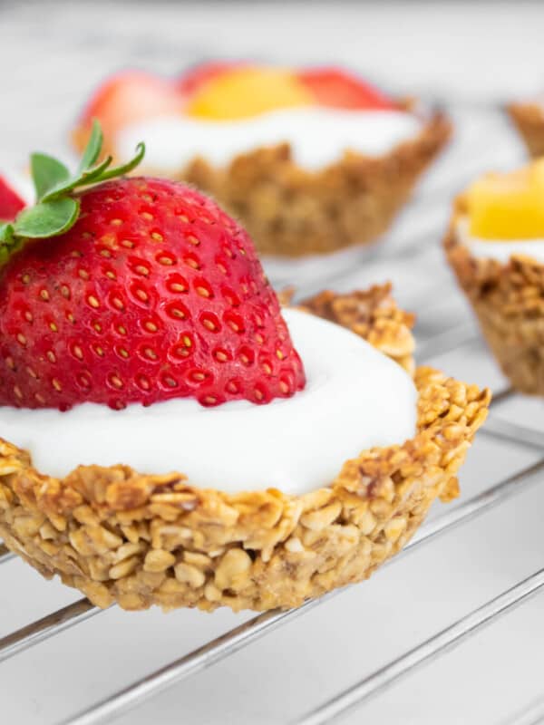 oatmeal cup with yogurt and various fruit