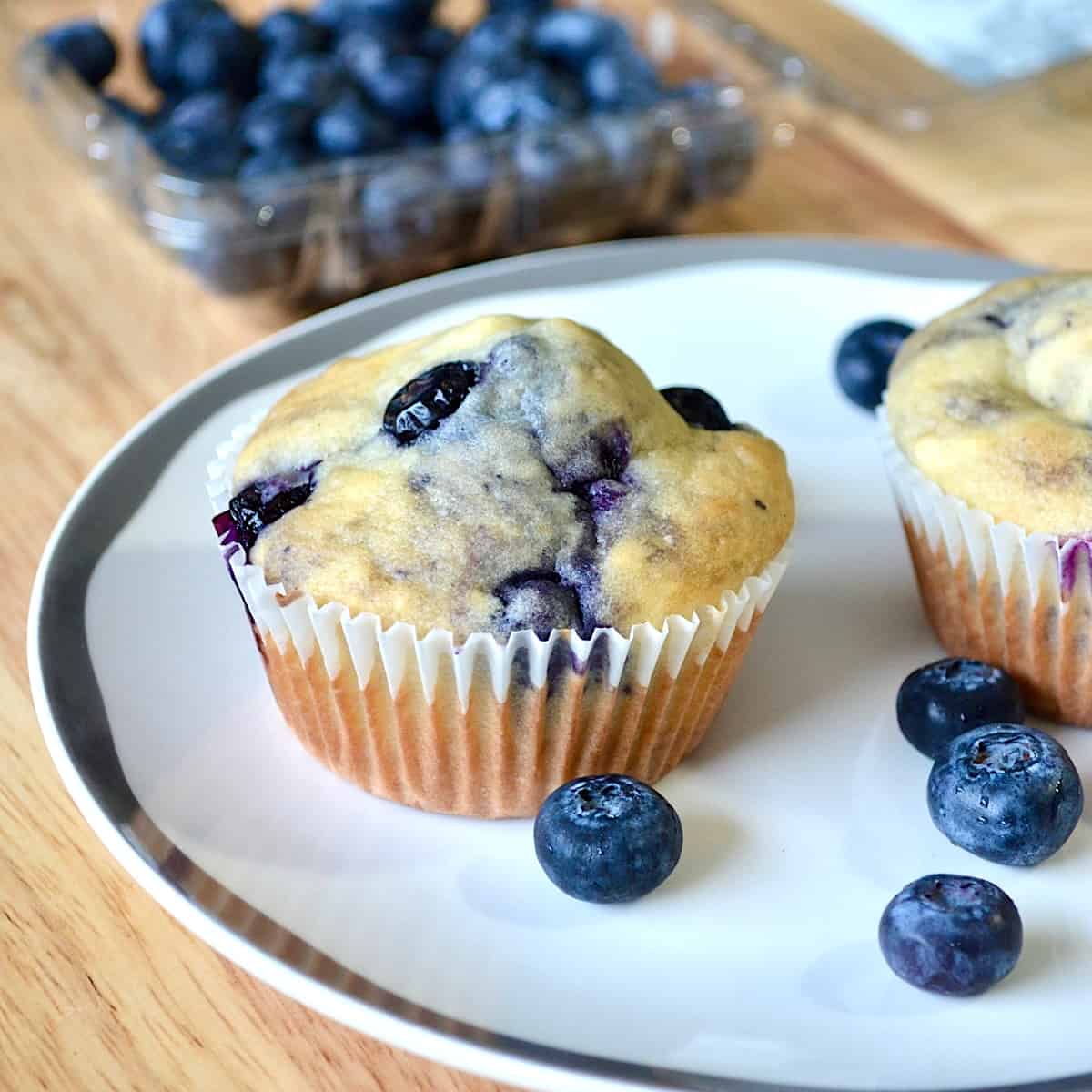 Blueberry muffins with carton of blueberries