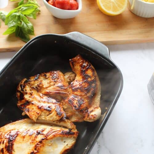 Cooked chicken in baking dish