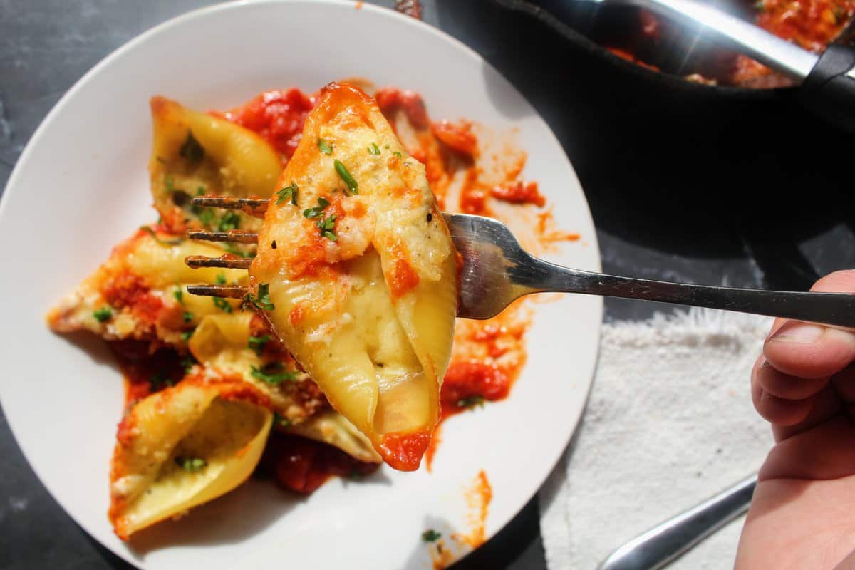 Giant Stuffed Cheese Shells served in a plate