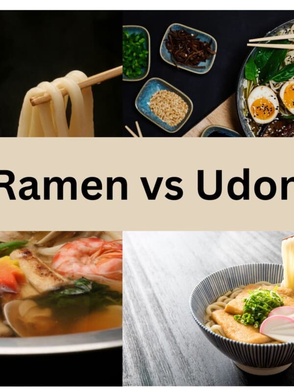ramen in bowl and udon noodles in bowl