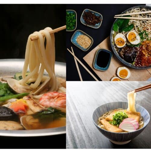 collage of udon and ramen noodles