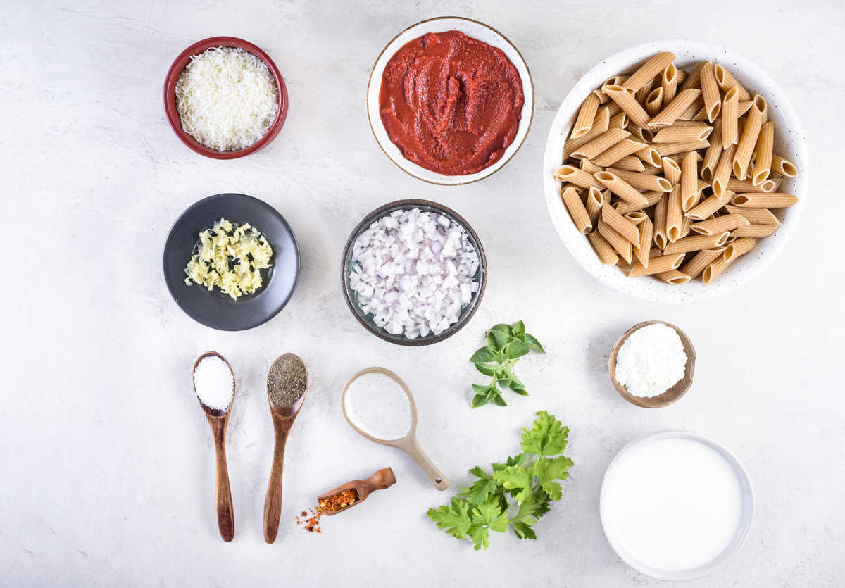 Ingredients for Gigi Hadid Pasta on white counter