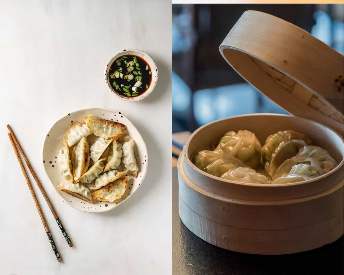 potstickers on white plate next to dumplings in steamer basket