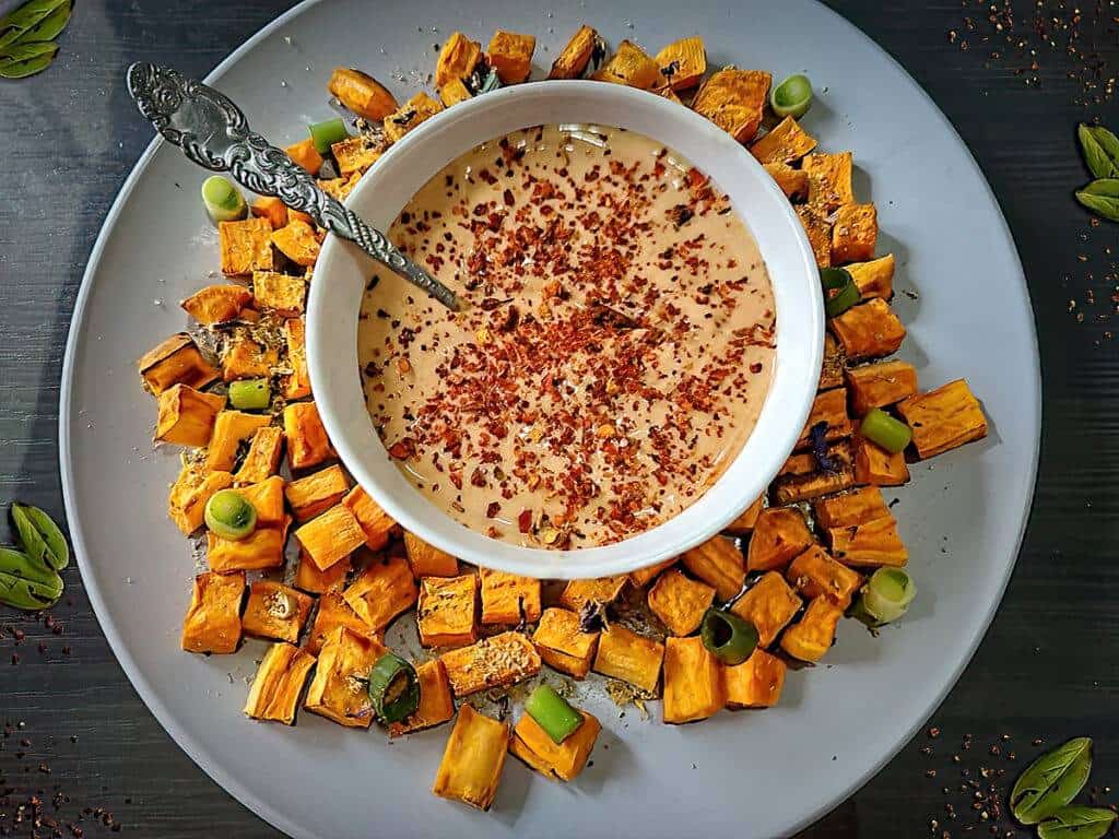 Air Fryer Sweet Potato Cubes with dipping sauce