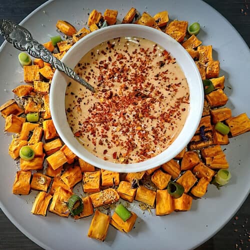 Air Fryer Sweet Potato Cubes with dipping sauce