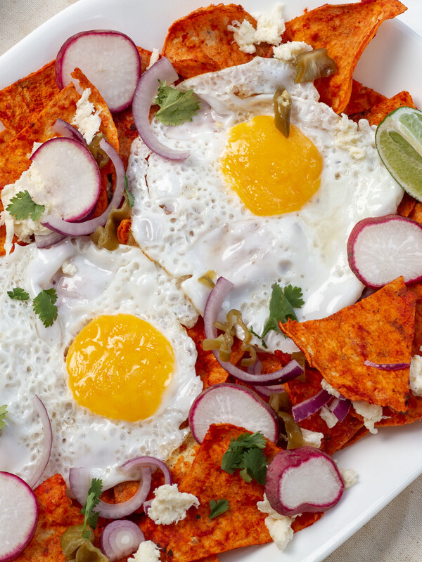 red chilaquiles on white plate