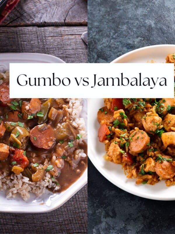 plate of gumbo next to plate of jambalaya