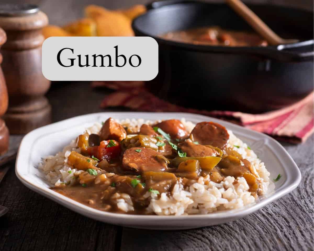 Gumbo sitting on white plate