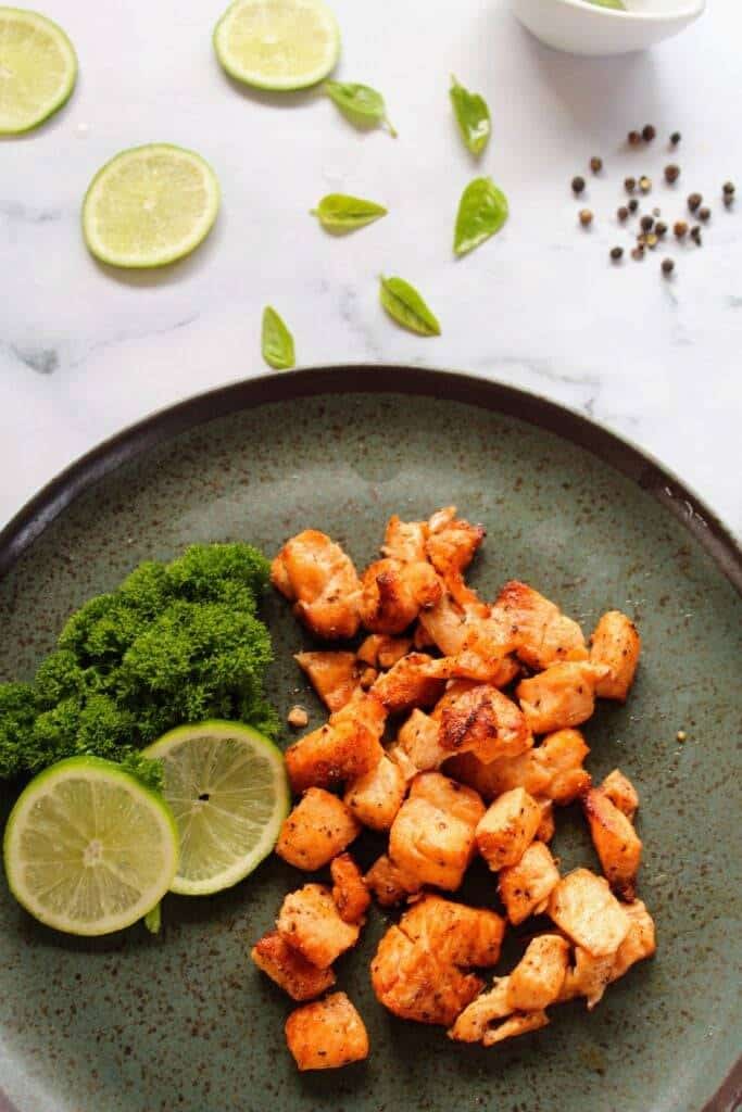 cooked salmon bites on a plate